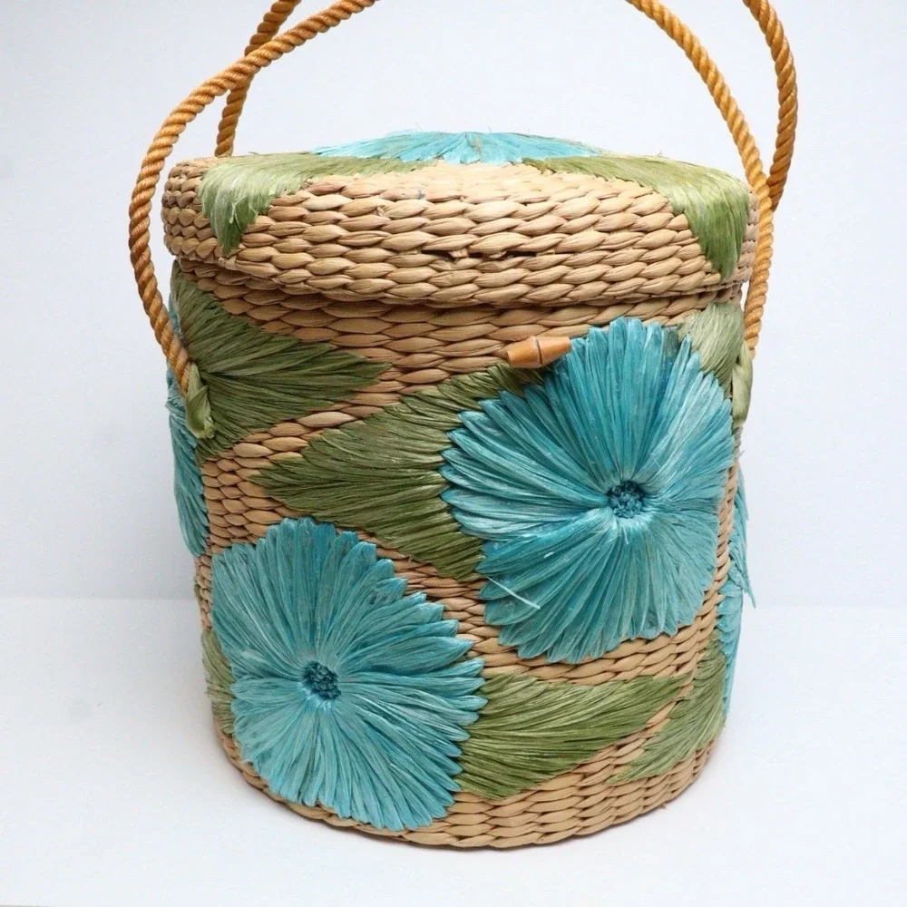 VTG Handmade Straw Raffia Woven Basket with Handle & Lid Floral Boho MCM